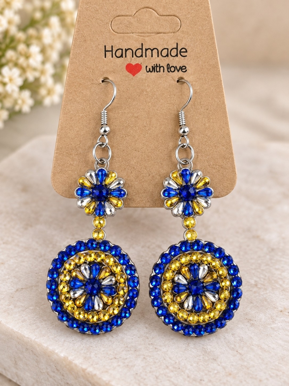 Finish Diamond Art Earring Handmade Blue & Yellow Beaded Floral Drop Earrings
